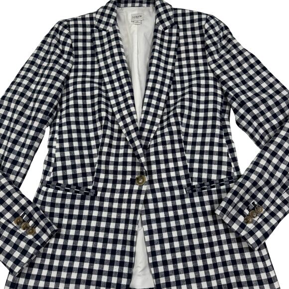 J. Crew Linen Blend Navy White Gingham Classic Timeless Blazer Women's Size 0 - Picture 2 of 6